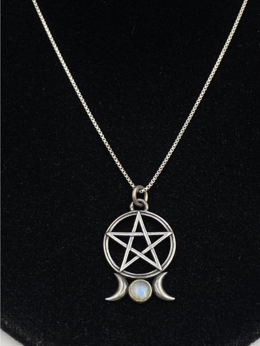 Solid 925 Sterling Silver Triple Moon Pentagram Necklace w/ Moonstone